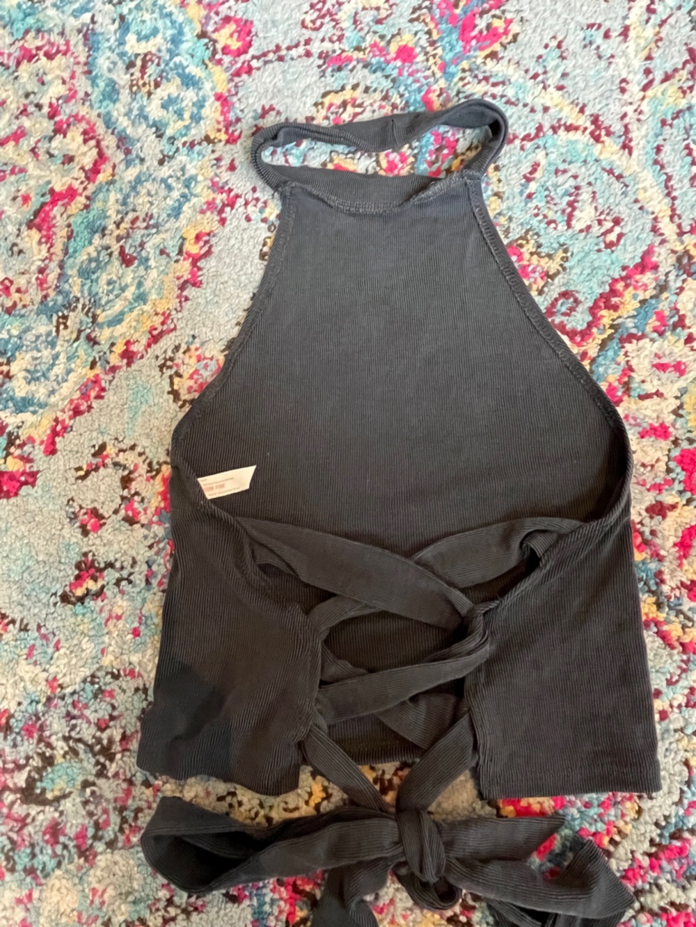 Free People Black Ribbed Lace-Up Tank Bodysuit